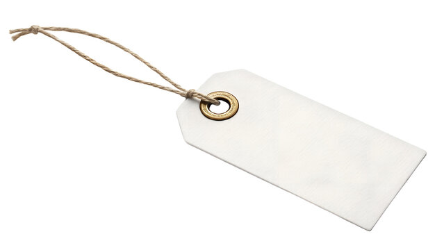 Blank white price tag mockup with string and metal grommet. Realistic label template for branding, clothing tags, and product packaging design. Isolated on transparent background (PNG) for easy custom