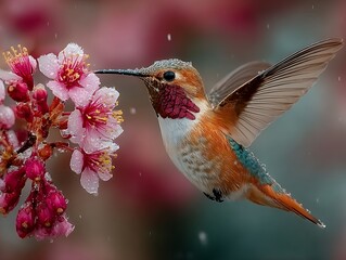 Naklejka premium hummingbird drinking nectar from pink blossoms