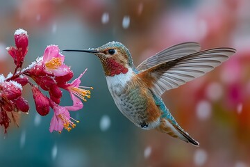 Fototapeta premium hummingbird feeding on pink flower in winter