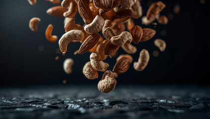 Delicious almonds and cashews falling in a tantalizing healthy snack burst