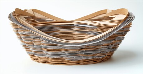 Obraz premium Woven basket contains disposable plates, bowls, cutlery. Simple presentation suggests picnic, takeout food service. Neutral tones dominate image.