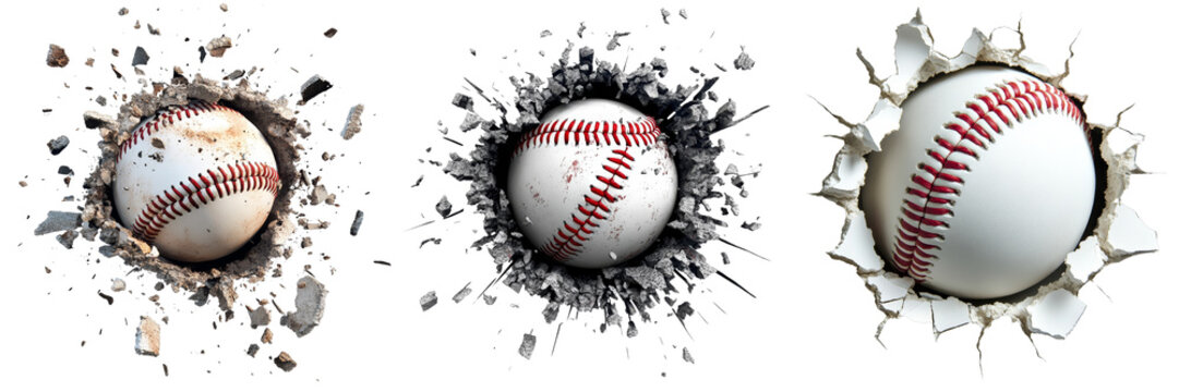 Three baseballs bursting through concrete and plaster walls, isolated on transparent background. Sport, Action, Impact, Baseball, Texture, Breakout