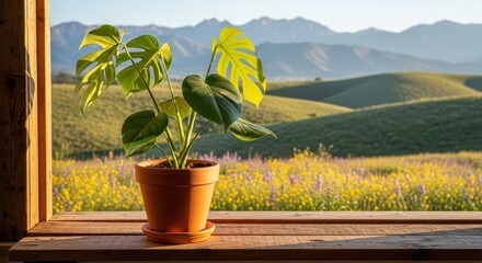 Monstera plant in a terracotta pot sits on a wooden table outdoors
