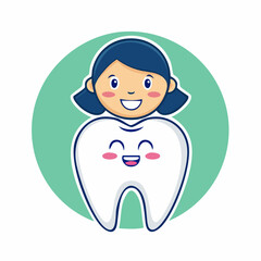 Cute dental health illustration featuring a smiling tooth with a girl's face