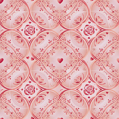 Romantic Pink Heart and Rose Seamless Pattern - Soft pink seamless pattern featuring roses, hearts, and flowing ribbons.