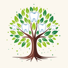 Dental health and wellness concept depicted through a symbolic tree of teeth and leaves