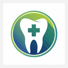 Dental health care logo design featuring tooth and plus symbol in gradient circle