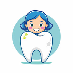 Dental hygiene illustration featuring a cartoon girl hugging a tooth, promoting oral care