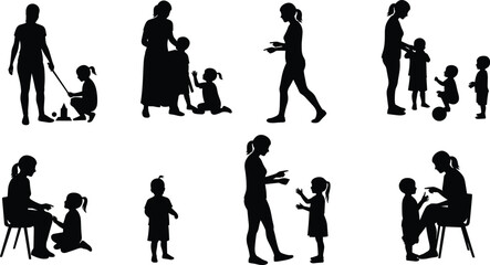 Adult and child silhouettes, parenting moment, teaching gesture, communication pose, seated interaction, bonding scene, minimal style, guidance, playtime, care