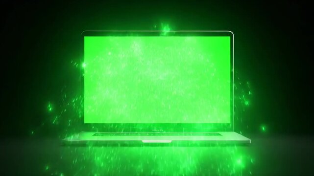 Modern laptop with a bright green screen on a dark background
