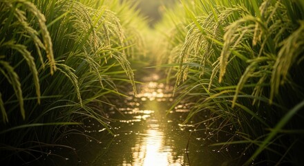 Rice field in bright sunlight with water reflection