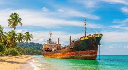 Rusty Cargo Ship Beached on a Tropical Shoreline Under a Bright Sky