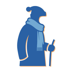 The silhouette of a man in winter clothes and holding a stick in his hands is blue, shaded with peach color