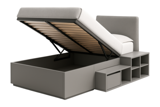 A lift-up bed with modular side compartments, ideal for teen rooms and custom storage.