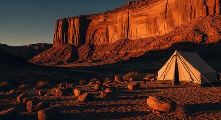 Sunset over desert canyon with tent and rugged rock formations