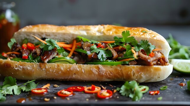 Close up shot of a banh mi sandwich filled with meat and vegetables on a wooden cutting board