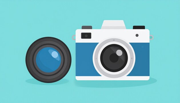A blue and white vintage camera with a separate lens shown on a teal background. - Powered by Adobe
