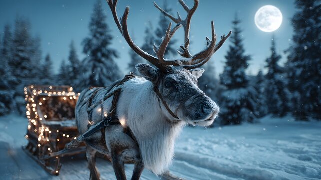 Winter night scene with a reindeer and sleigh illuminated by fairy lights in a snowy forest under the full moon
