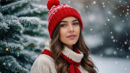 cute woman in winter, woman on background of christmas tree, woman in holydays