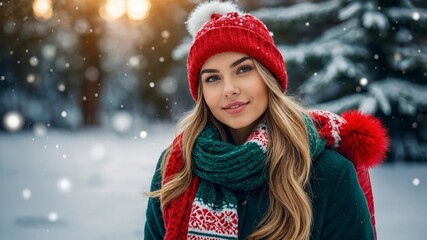 cute woman in winter, woman on background of christmas tree, woman in holydays