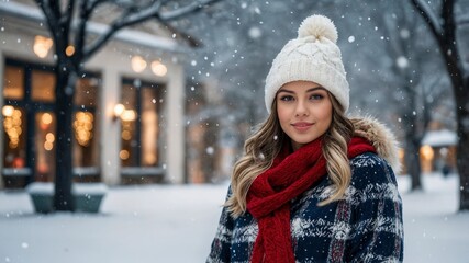 cute woman in winter, woman on background of christmas tree, woman in holydays