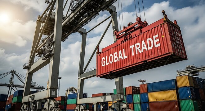 A large industrial crane lifts a red shipping container labeled economic crisis symbolizing global financial downturn and trade disruption