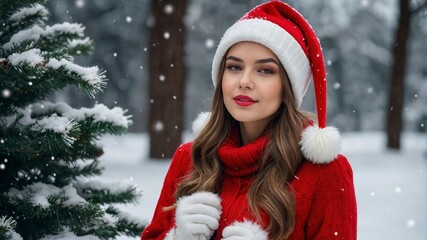 cute woman in winter, woman on background of christmas tree, woman in holydays