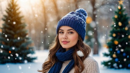 cute woman in winter, woman on background of christmas tree, woman in holydays