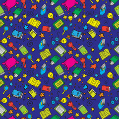 Childrens Book Pattern with Stars, Flashlights, Magnifying Glasses, and Pillows