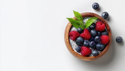 Wooden bowl with chia pudding, topped with fresh raspberries and blueberries, mint leaves