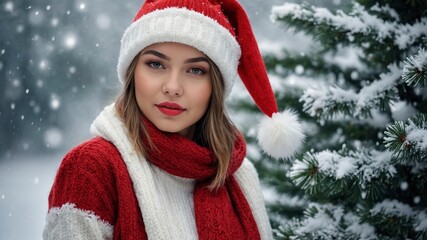 cute woman in winter, woman on background of christmas tree, woman in holydays