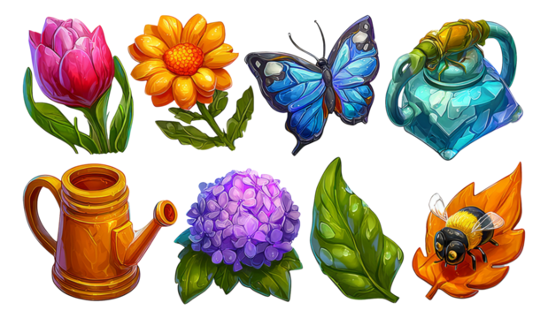 Colorful Illustrations of Butterflies, Flowers, and Garden Elements on Transparent Background