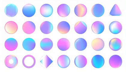 A collection of iridescent holographic spheres and geometric shapes with vibrant gradients of blue, pink, and yellow.