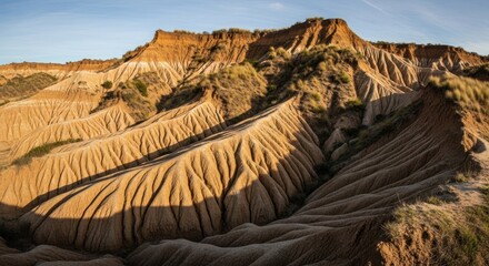 The Bardenas Reales desert landscape in Spain. The rugged terrain features sandstone formations and rugged terrain.
