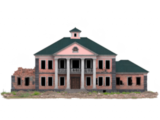 Old abandoned mansion with damaged brick walls and broken windows, showing signs of decay and neglect in large estate setting