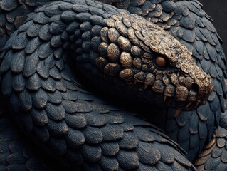 Fototapeta premium Dark Majestic Snake Head Gold Scales Intricate Pattern Reptile Close-up Black Background Detailed Animal Photography Creature Portrait