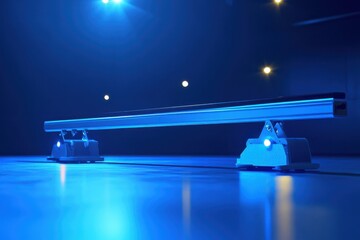 Brightly lit skate rail in an indoor skateboarding arena at night