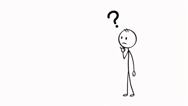 Animated stick figure contemplating a question mark on a clean white background