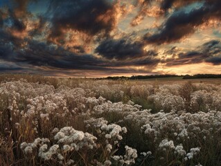 Dramatic Sunset Over Field of Wildflowers Golden Hour Sky With Dark Clouds Above Lush Meadow and Distant Forest Edge Expansive Landscape