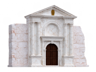 Ancient marble stone building facade with classical columns and arched wooden door, detailed architectural design with weathered texture and golden emblem above entrance