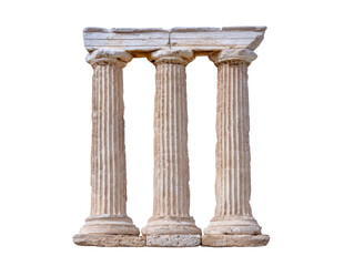 Obraz premium Ancient stone columns with fluted shafts and detailed capitals support horizontal entablature, showcasing classical architectural style with weathered texture and historic charm