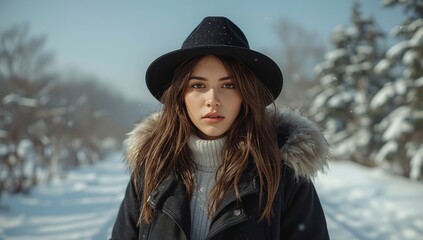 cute woman in winter, woman on background of christmas tree, woman in holydays