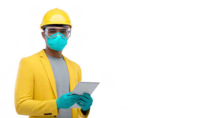 Man in yellow safety helmet and jacket wearing protective mask and gloves holding digital tablet with serious expression