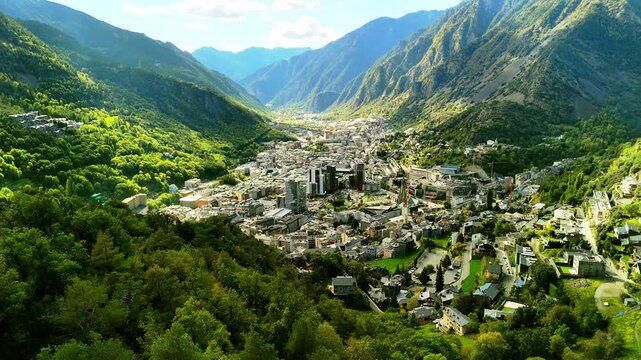 Aerial drone view of Andorra in the Pyrenees mountains between France and Spain. 