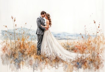 Romantic Watercolour Wedding Portrait - A romantic, peaceful, and timeless watercolour illustration of a bride and groom embracing in a sunlit field. 