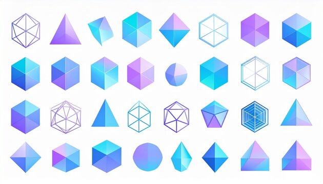 A vibrant collection of 3D geometric shapes rendered in a gradient of blue and purple hues, showcasing various polyhedra and platonic solids.