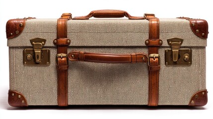 Beige suitcase trimmed with brown leather straps, brass accents & buckle closures