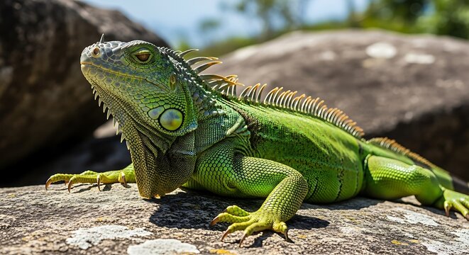A vibrant green iguana with prominent scales and spines basking on a sunlit rock.