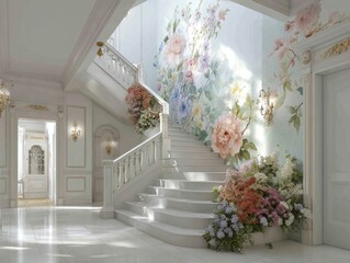 Grand Staircase Interior Hallway Floral Wall Decor Architectural Design Elegant White Steps Ornate Balustrade Luxury Home Ambiance
