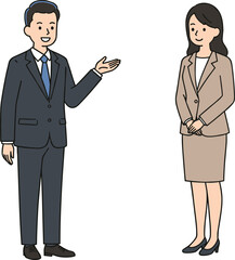 Businessman introducing businesswoman, professional team concept, formal office attire, corporate interaction, workplace communication, employee introduction, leadership and teamwork